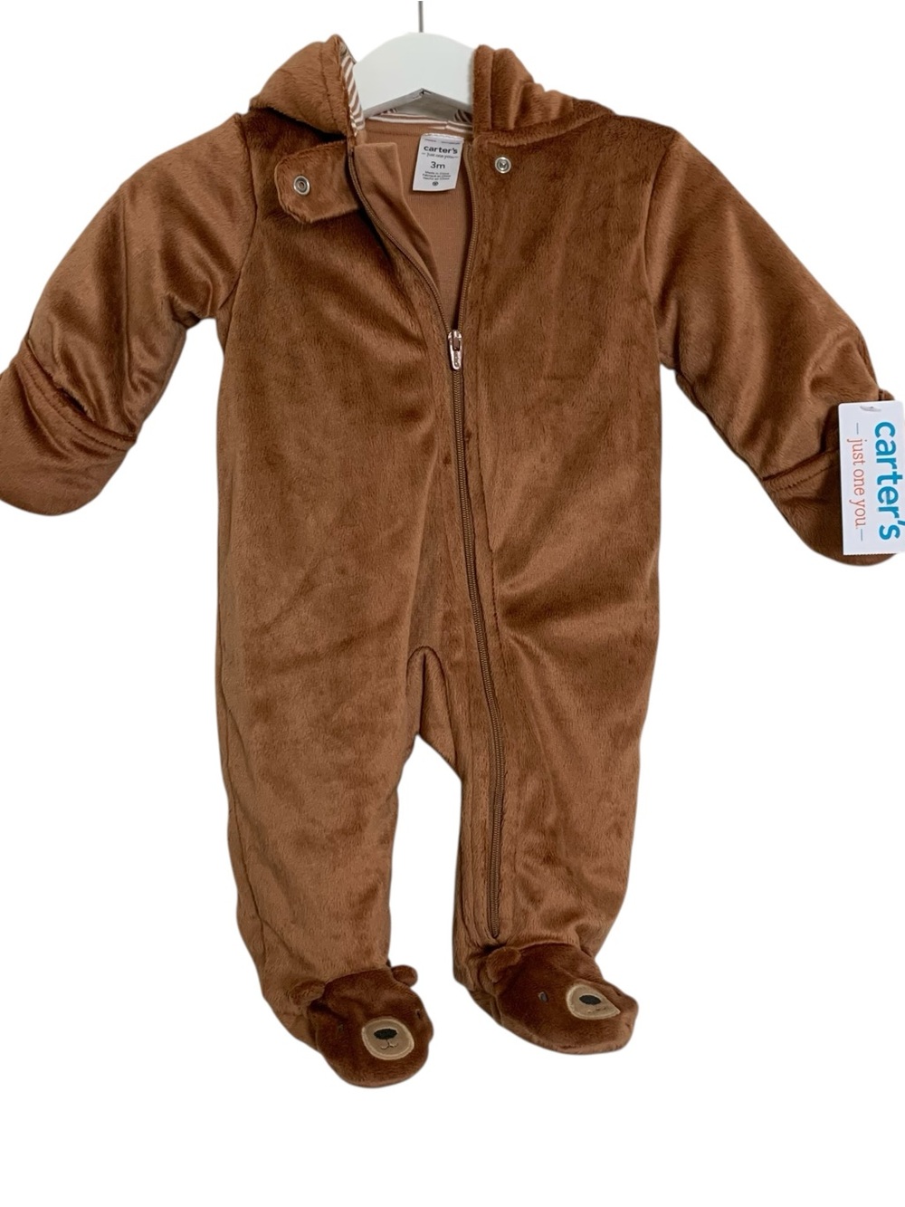 NWT Carter’s Teddy One Piece Hood Fuzzy Bunting Size 3 Months Brown Cute